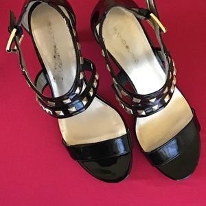 Bandolino black patent leather, gold studded sandal, size 9-M.